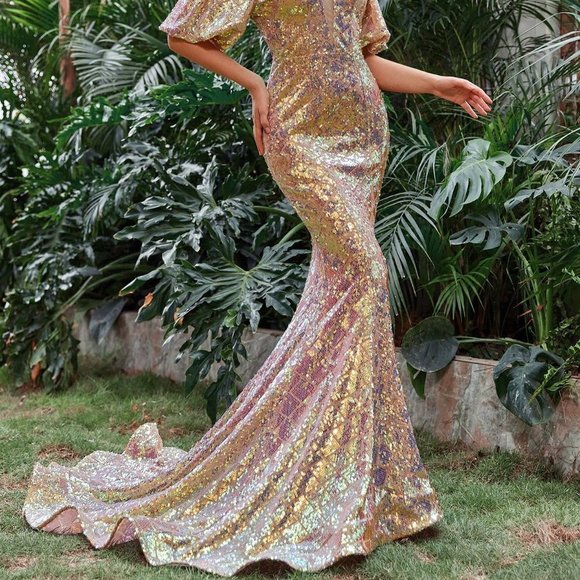 Gold Preppy Womens Off Shoulder Mermaid Hem Sequin Formal Dress - Picture 4 of 5